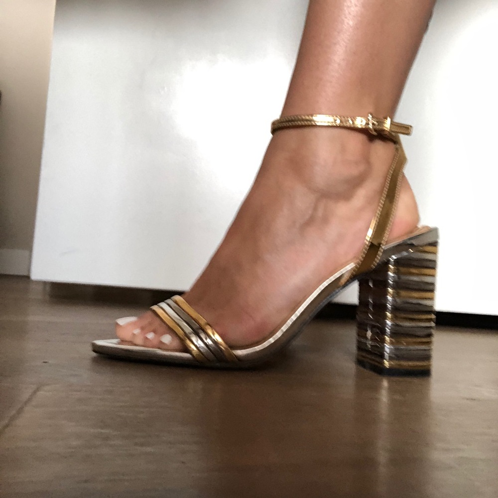 Multi metallic stacked ankle strap heels